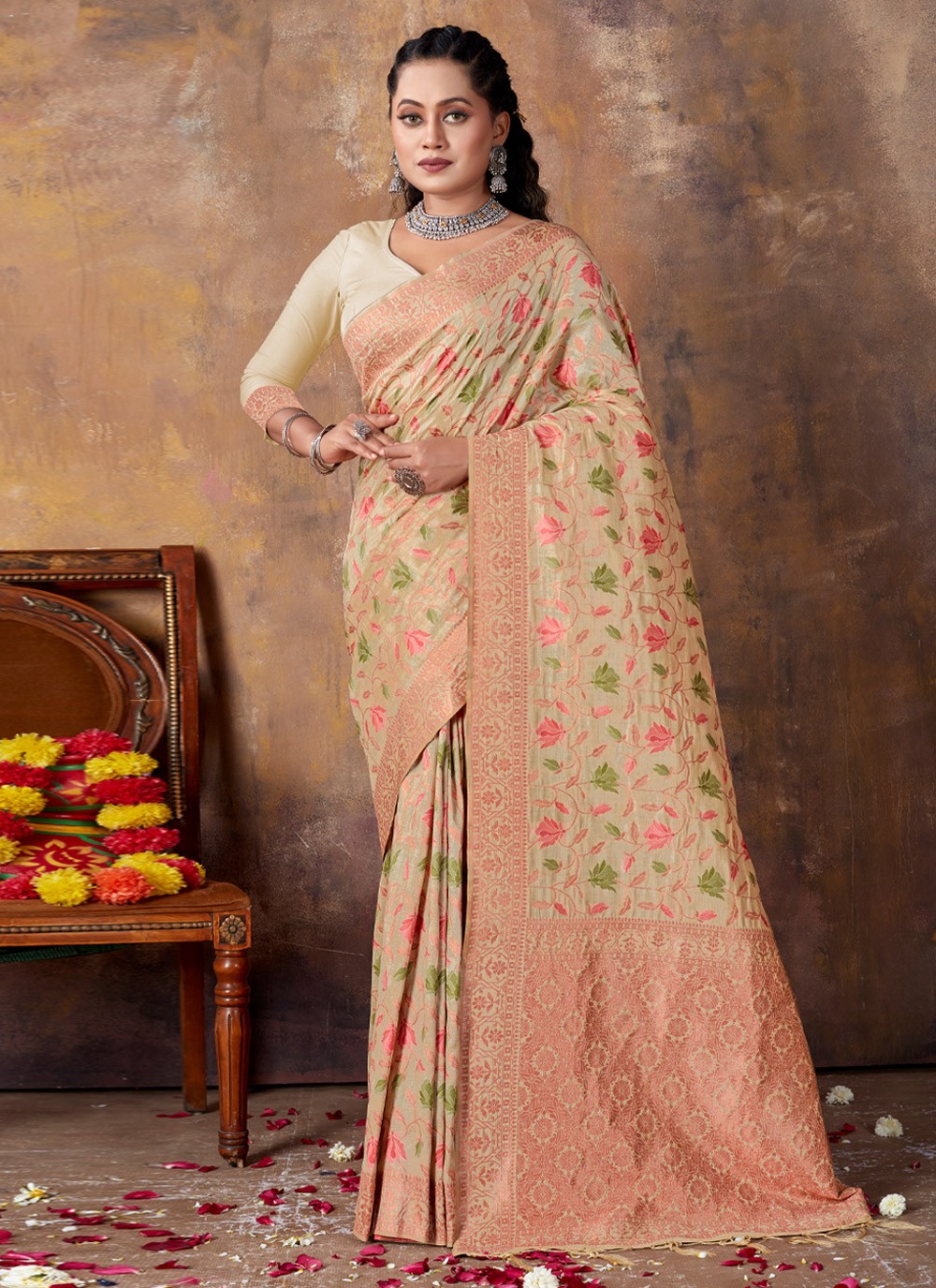 Beauteous Red Cream Color Banarasi Silk Designer Saree– Lotus Fashion