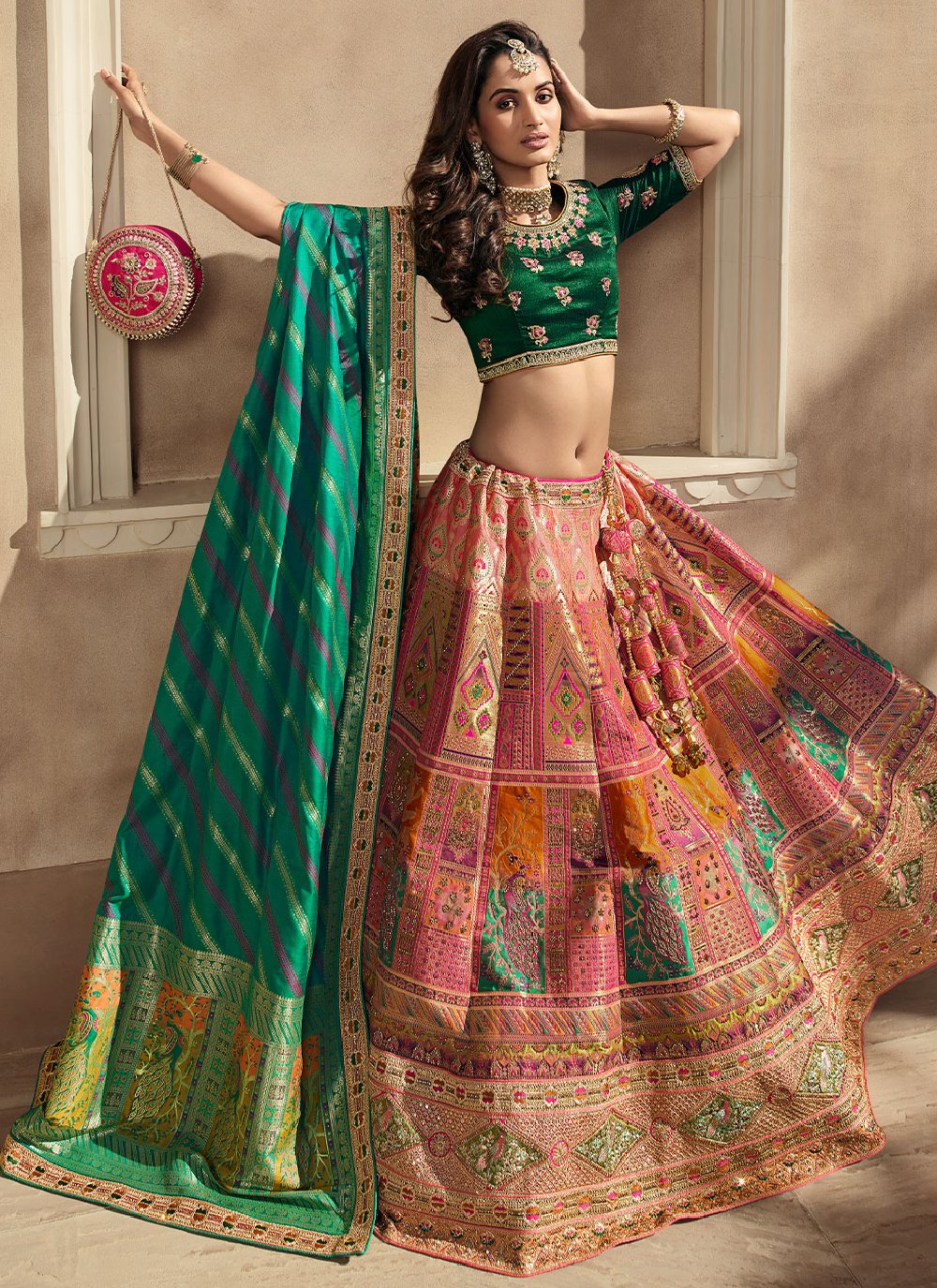 Banarasi Silk Green and Peach Embroidered Trendy Lehenga Choli