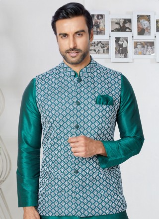 Banarasi Silk Green Kurta Payjama With Jacket