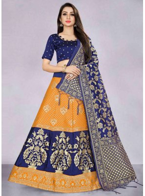 Banarasi Silk Jacquard Work Designer Long Lehenga Choli in Navy Blue and Orange