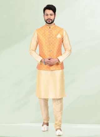 Banarasi Silk Kurta Payjama With Jacket in Cream and Orange