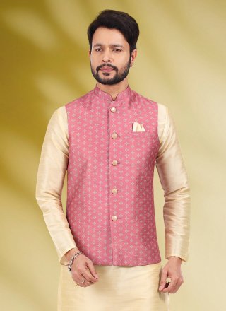 Banarasi Silk Kurta Payjama With Jacket in Cream and Pink