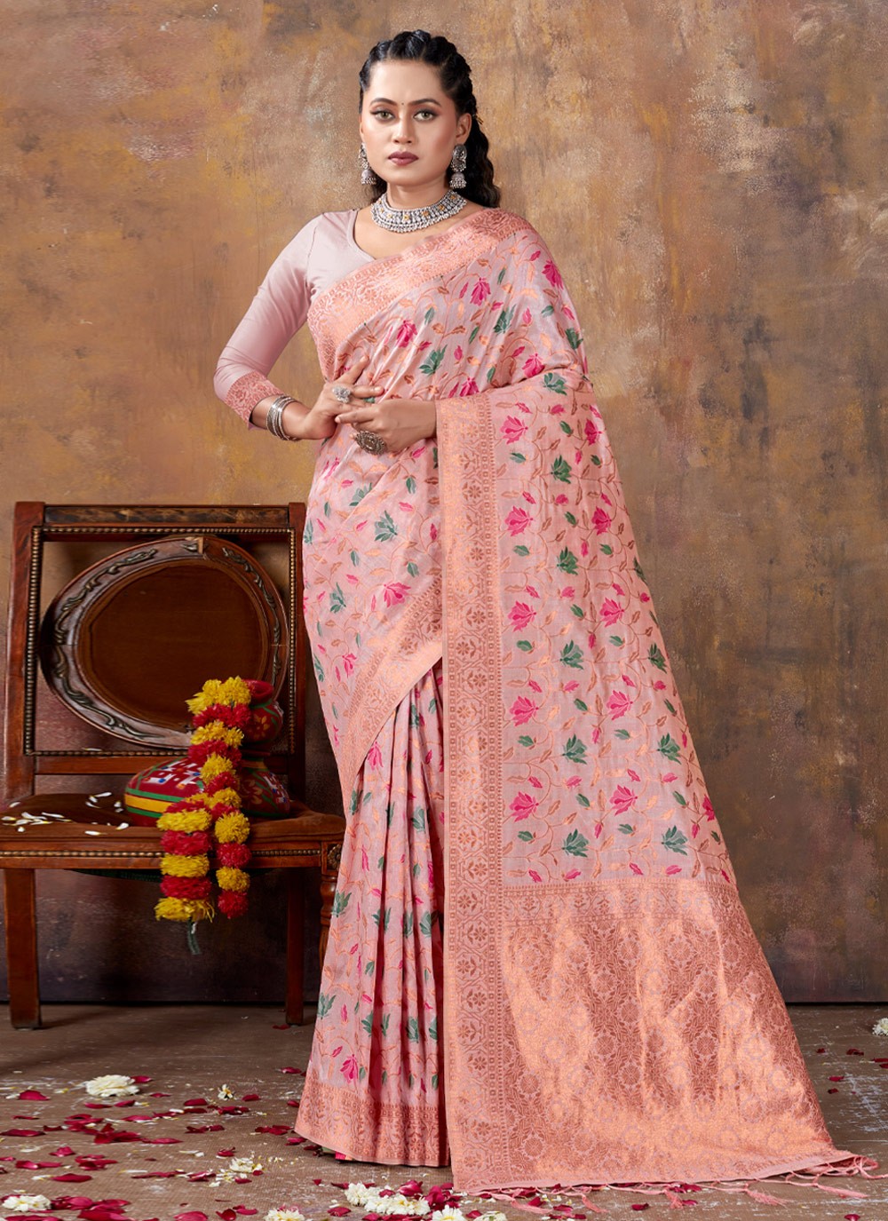 Deep Mauve Floral Sequin Embroidered Crepe Saree