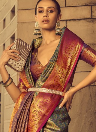 Banarasi Silk Multi Colour Weaving Contemporary Saree
