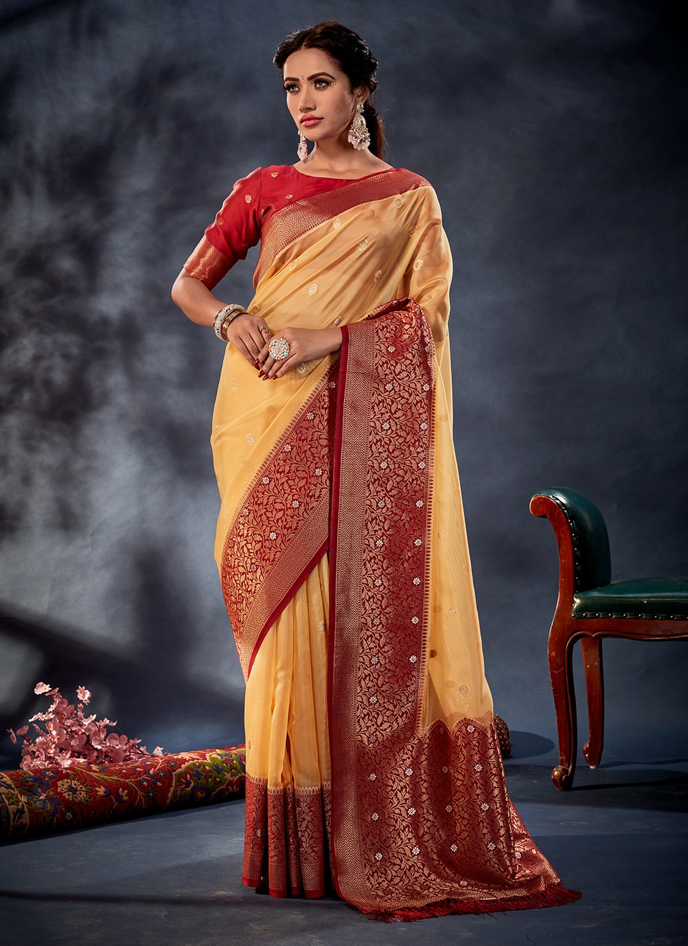 Designer Yellow Saree with contrast Leheriya Blouse - Rana's by Kshitija