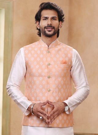 Banarasi Silk Off White and Peach Fancy Kurta Payjama With Jacket