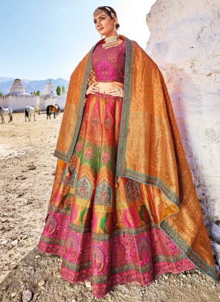 Banarasi Silk Orange and Pink Trendy Lehenga Choli