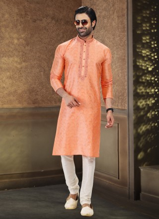 Banarasi Silk Orange Thread Work Kurta Pyjama