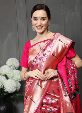 Banarasi Silk Pink Zari Trendy Saree