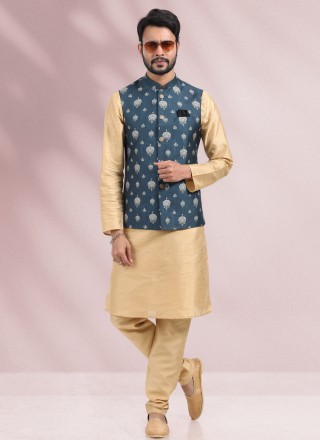 Banarasi Silk Printed Kurta Payjama With Jacket in Beige and Blue