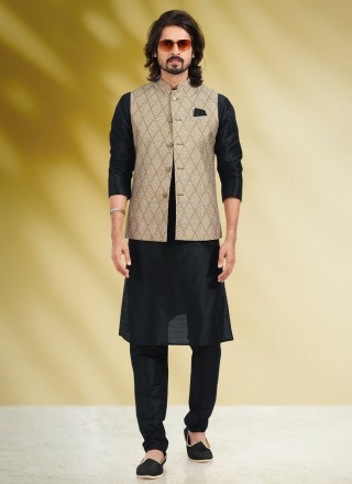 Banarasi Silk Printed Kurta Payjama With Jacket in Black and Cream