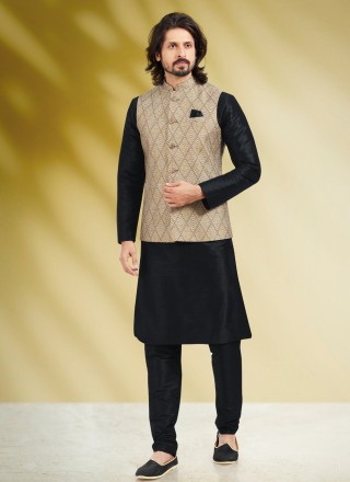 Banarasi Silk Printed Kurta Payjama With Jacket in Black and Cream