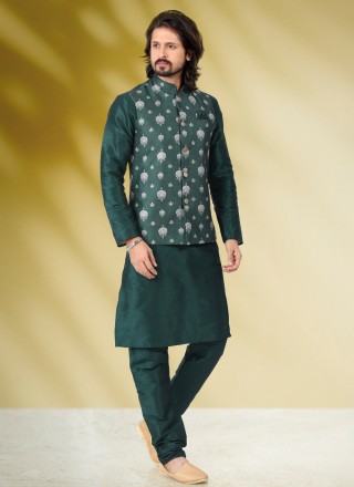 Banarasi Silk Printed Kurta Payjama With Jacket in Green
