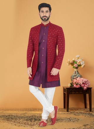 Banarasi Silk Purple and Red Sequins Indo Western