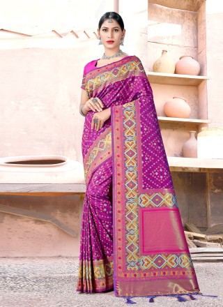 Purple-Pink Raw Silk Zari Bandhani Saree YOSAR34551-Bandhani Saree