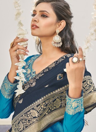 Banarasi Silk Straight Salwar Suit in Aqua Blue