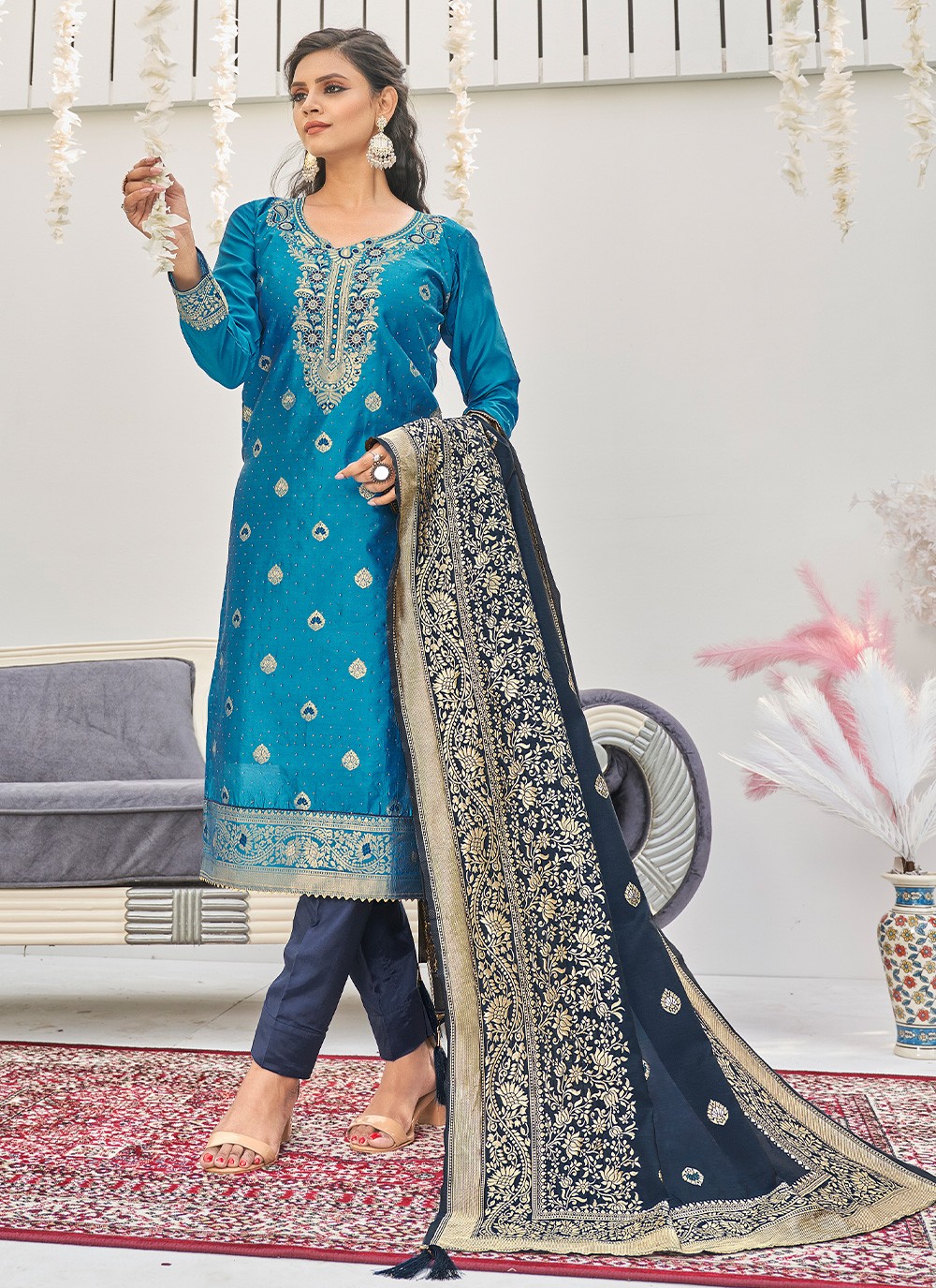 Buy Blue Pintuck Banarasi Cotton Silk Pants | SSY46MAR4643/SSY46MAR | The  loom