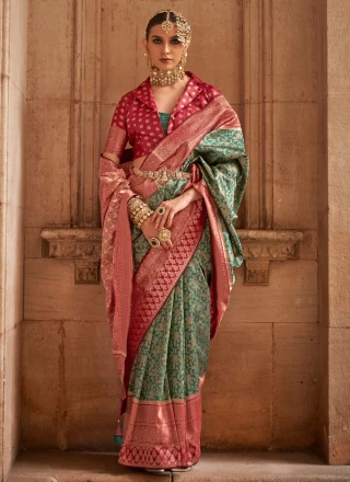 Banarasi Silk Trendy Saree in Green and Red
