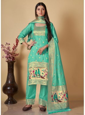 Banarasi Silk Turquoise Long Length Salwar Suit