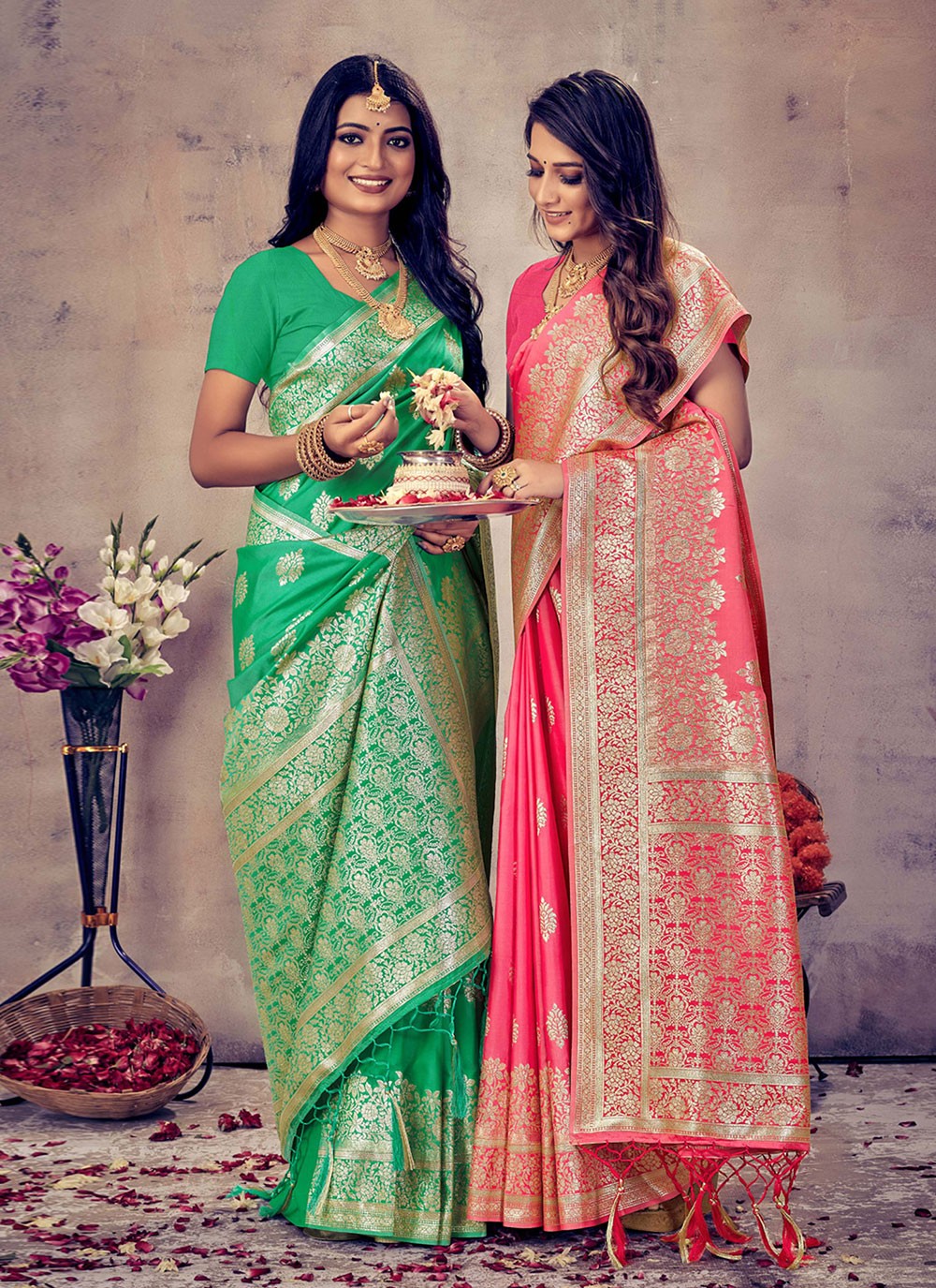 5.5 m (separate blouse piece) Wedding Stylish Banarasi silk Pink Green Saree,  With Blouse Piece