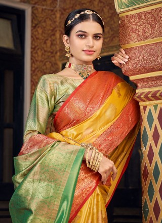 Banarasi Silk Weaving Yellow Contemporary Saree