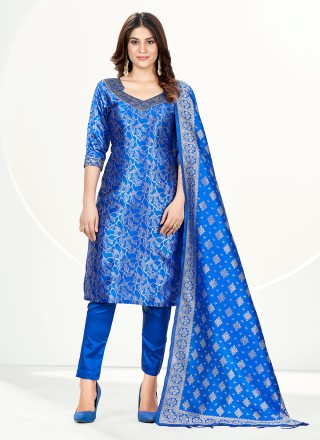 Banarasi Silk Woven Blue Pant Style Suit