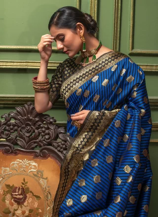 Banarasi Silk Woven Contemporary Saree in Navy Blue