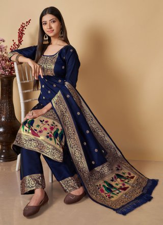 Banarasi Silk Woven Navy Blue Salwar Suit