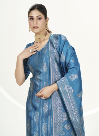 Banarasi Silk Woven Turquoise Straight Salwar Kameez