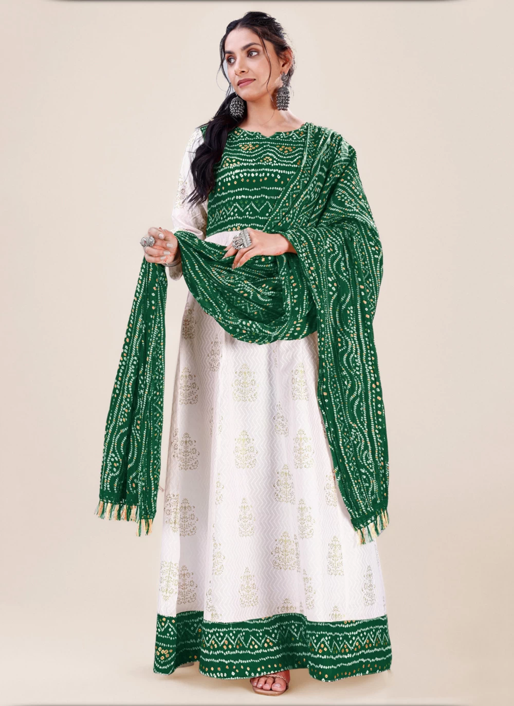 Bandhej Rayon Gown  in Green and White