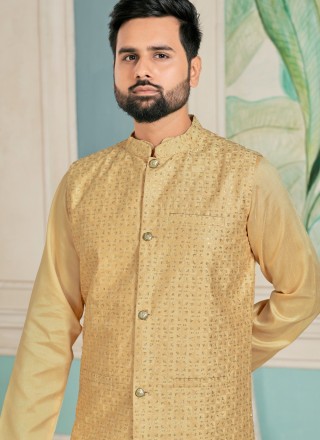 Banglori Silk Sequins Cream Kurta Payjama With Jacket