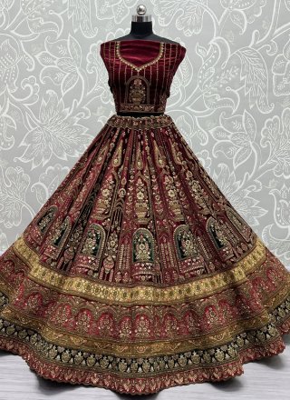Beauteous Maroon Velvet Lehenga Choli with Dori, Embroidered, Sequins and Thread Work