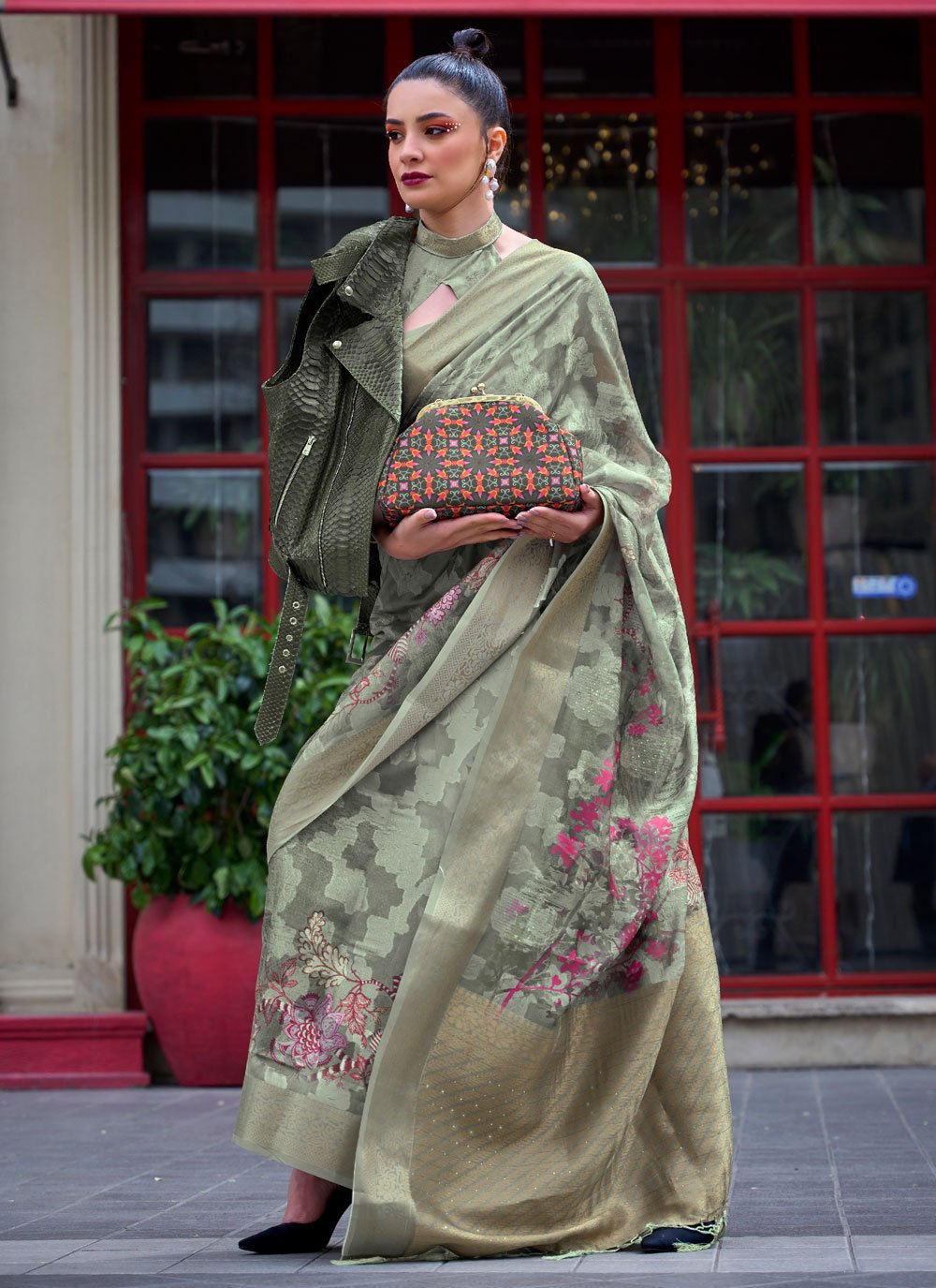 Beckoning Green Brasso Classic Saree with Print and Weaving Work