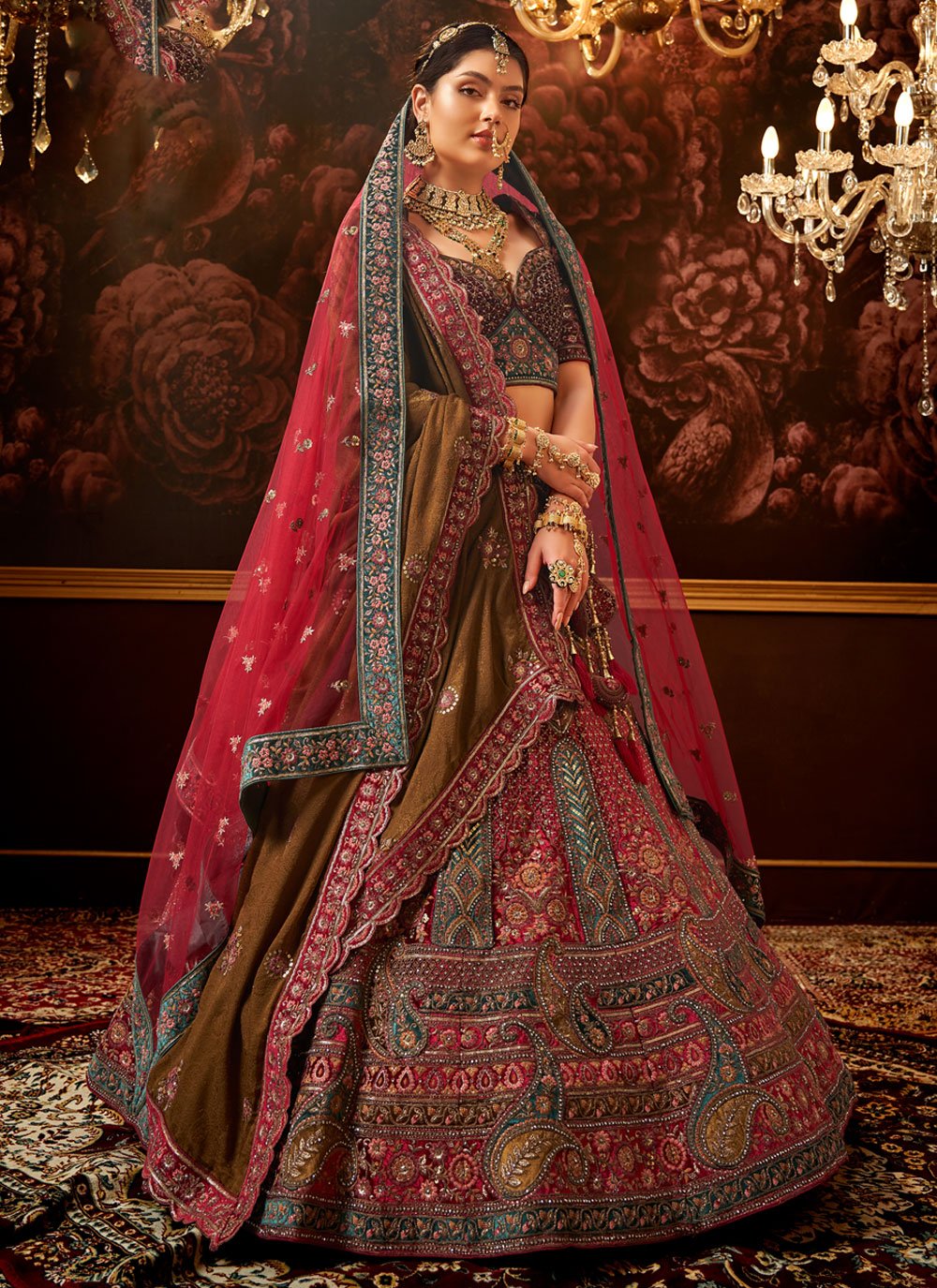 Rani color designer Wedding Lehenga for Bride - Aazuri