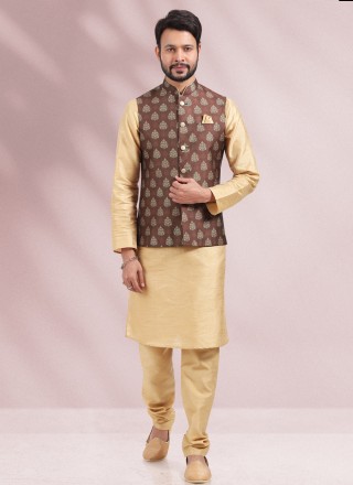 Beige and Brown Banarasi Silk Kurta Payjama With Jacket