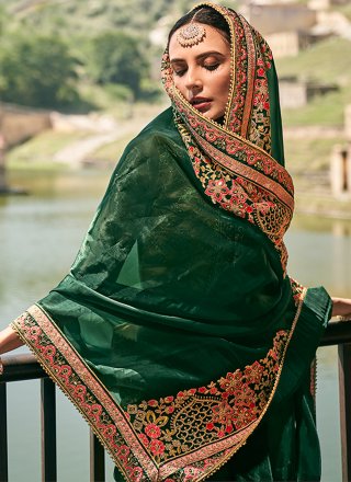 Beige and Green Fancy Fabric Embroidered Work Contemporary Saree