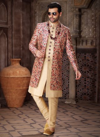 Beige and Maroon Art Silk Thread Work Indo Western