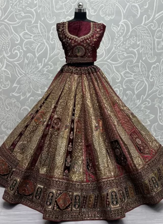 Beige and Maroon Silk Lehenga Choli with Dori, Embroidered, Patch Border, Sequins, Thread and Zari Work for Women