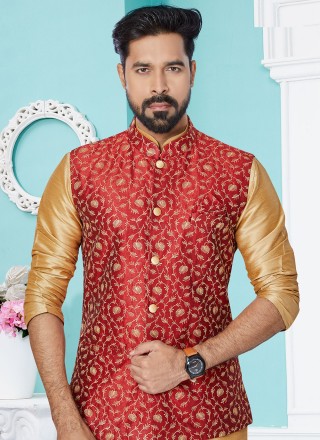 Beige and Red Banarasi Silk Kurta Payjama With Jacket