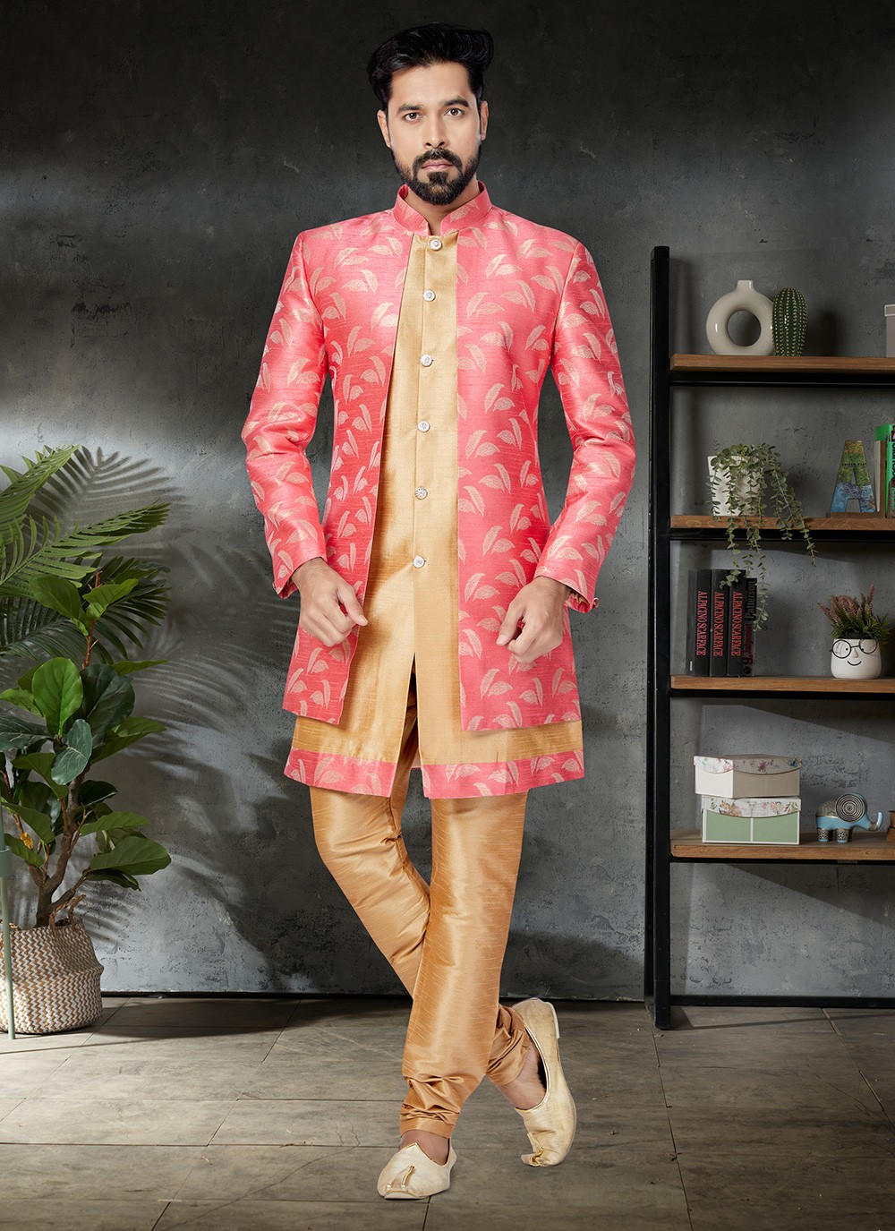 Beige and Salmon Embroidered Indo Western