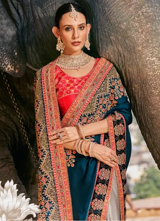 Beige and Teal Fancy Fabric Embroidered Work Half N Half Saree for Ceremonial