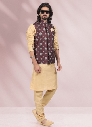 Beige and Wine Banarasi Silk Printed Kurta Payjama With Jacket
