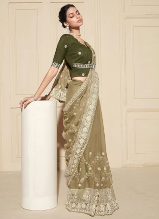 Beige Chiffon Contemporary Sari with Embroidered Work for Ceremonial