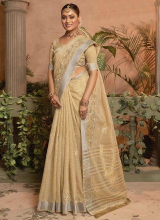 Beige Cotton Silk Embroidered Work Classic Sari