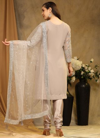 Beige Embroidered Work Faux Georgette Trendy Suit