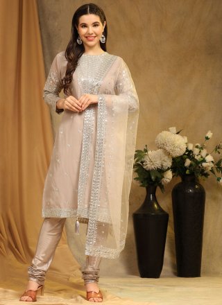 Beige Embroidered Work Faux Georgette Trendy Suit