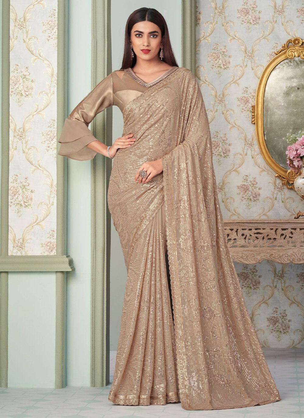 Shop Beige Georgette Designer Saree Online : 252749 -, image size:1000x1375