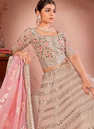 Beige Georgette Embroidered, Sequins and Thread Work Lehenga Choli for Women