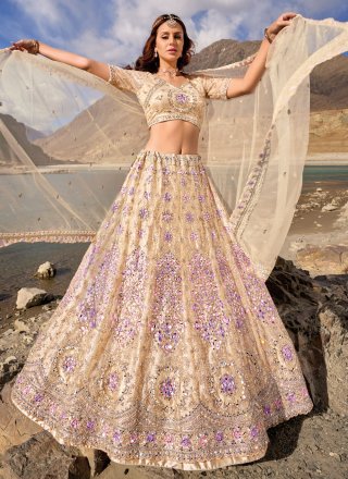 Beige Net Lehenga Choli with Cut, Embroidered and Mirror Work for Engagement