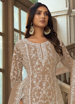 Beige Net Salwar Suit with Embroidered and Resham Work for Ceremonial